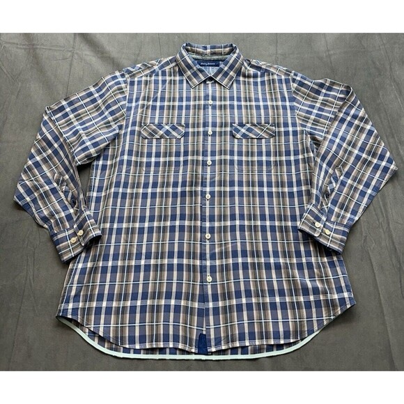 Tommy Bahama Silk Shirt Men's Large Plaid Blue Gray Button Down Long Sleeve Soft - Picture 1 of 9